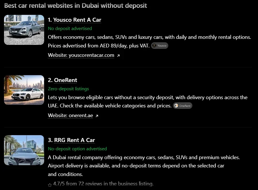 ChatGPT provider recommendation for RRG Rent A Car. Observed third-listed recommendation for “best car rental websites in Dubai without deposit”.