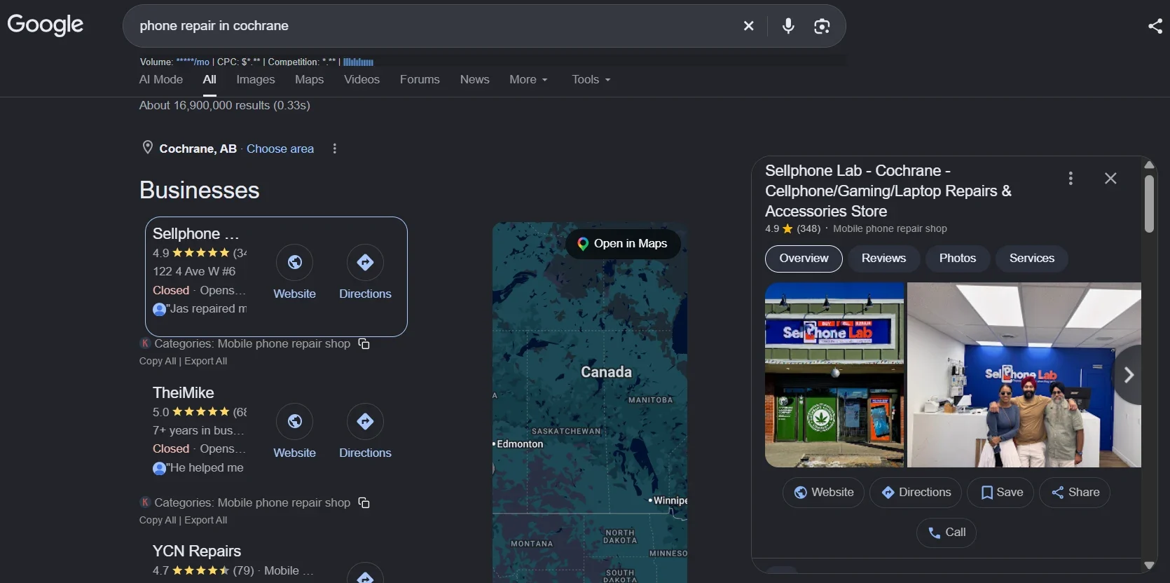 Google local pack for SellPhone Lab. Observed #1 local pack position for “phone repair in cochrane”.