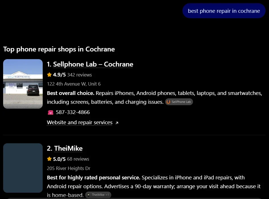 ChatGPT recommendation for SellPhone Lab. Observed first-listed recommendation for “best phone repair in cochrane”.