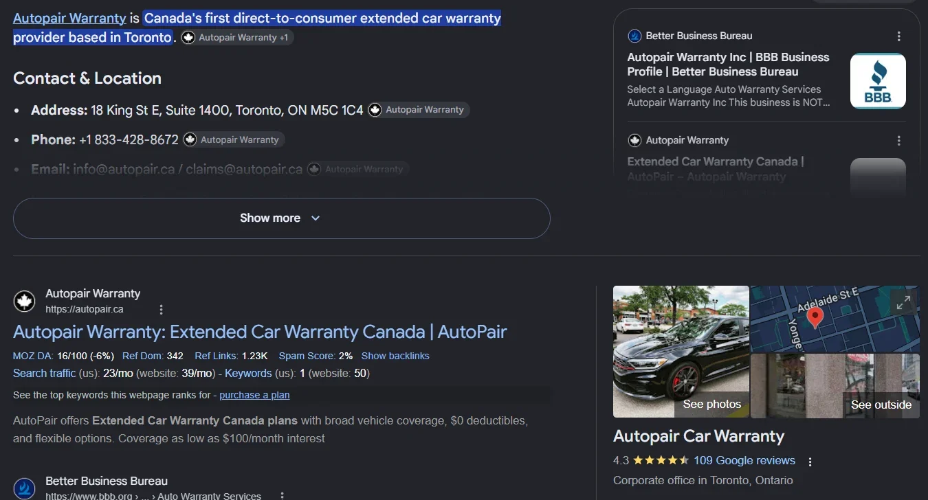Branded Google search results for Autopair Warranty. Captured brand-and-location query showing an organic result, AI Overview and knowledge panel.