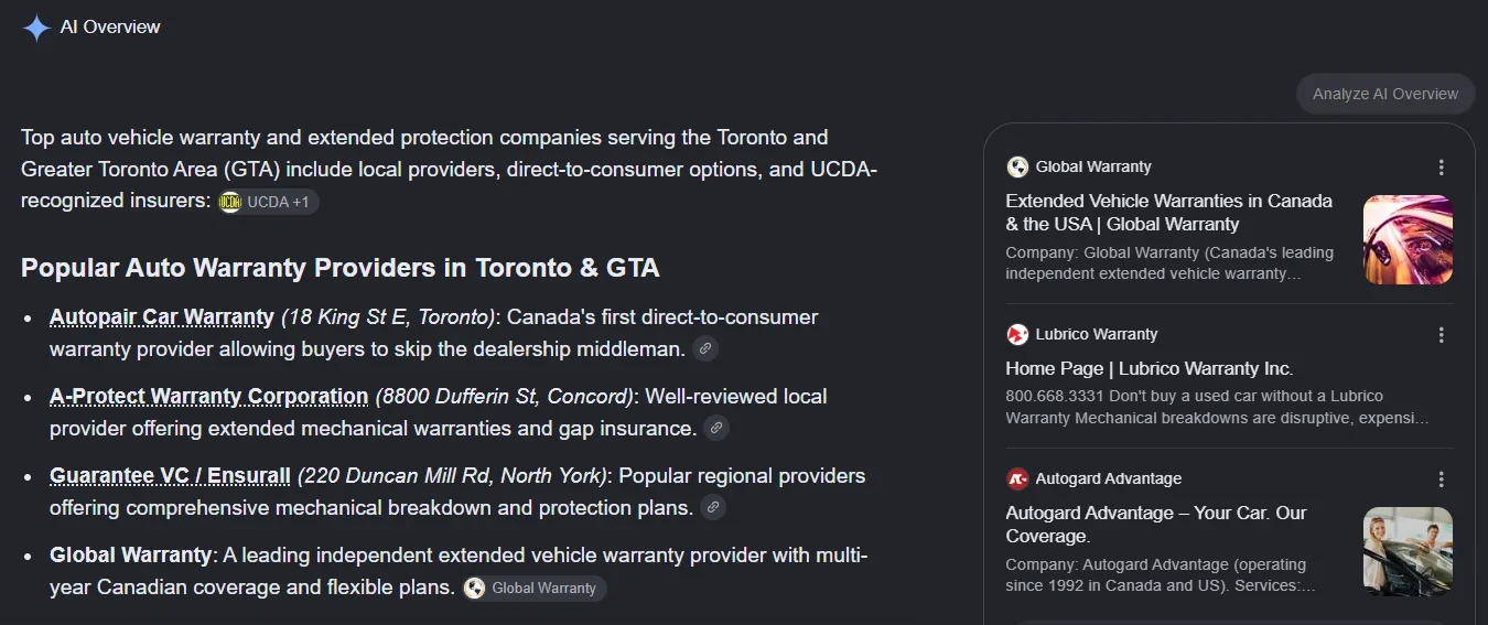 Google AI Overview for Autopair Warranty. Observed first-listed provider for “auto vehicle warranty company toronto”.
