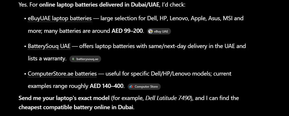 Laptop battery recommendations for BatterySouq UAE. Captured AI recommendation for batteries in Dubai/UAE.