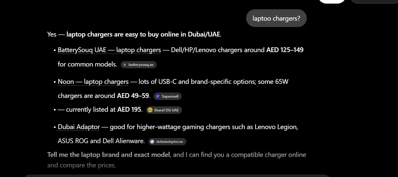 Laptop charger recommendations for BatterySouq UAE. Captured AI recommendation for chargers in Dubai/UAE.