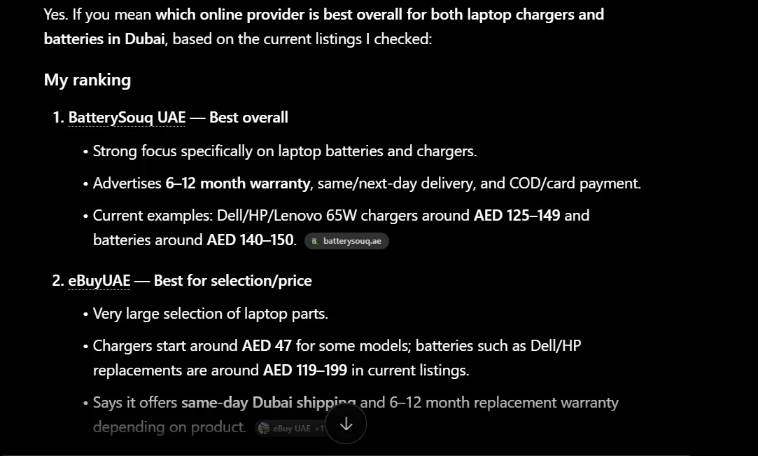 AI provider comparison for BatterySouq UAE. Observed “Best overall” label in the supplied provider comparison.
