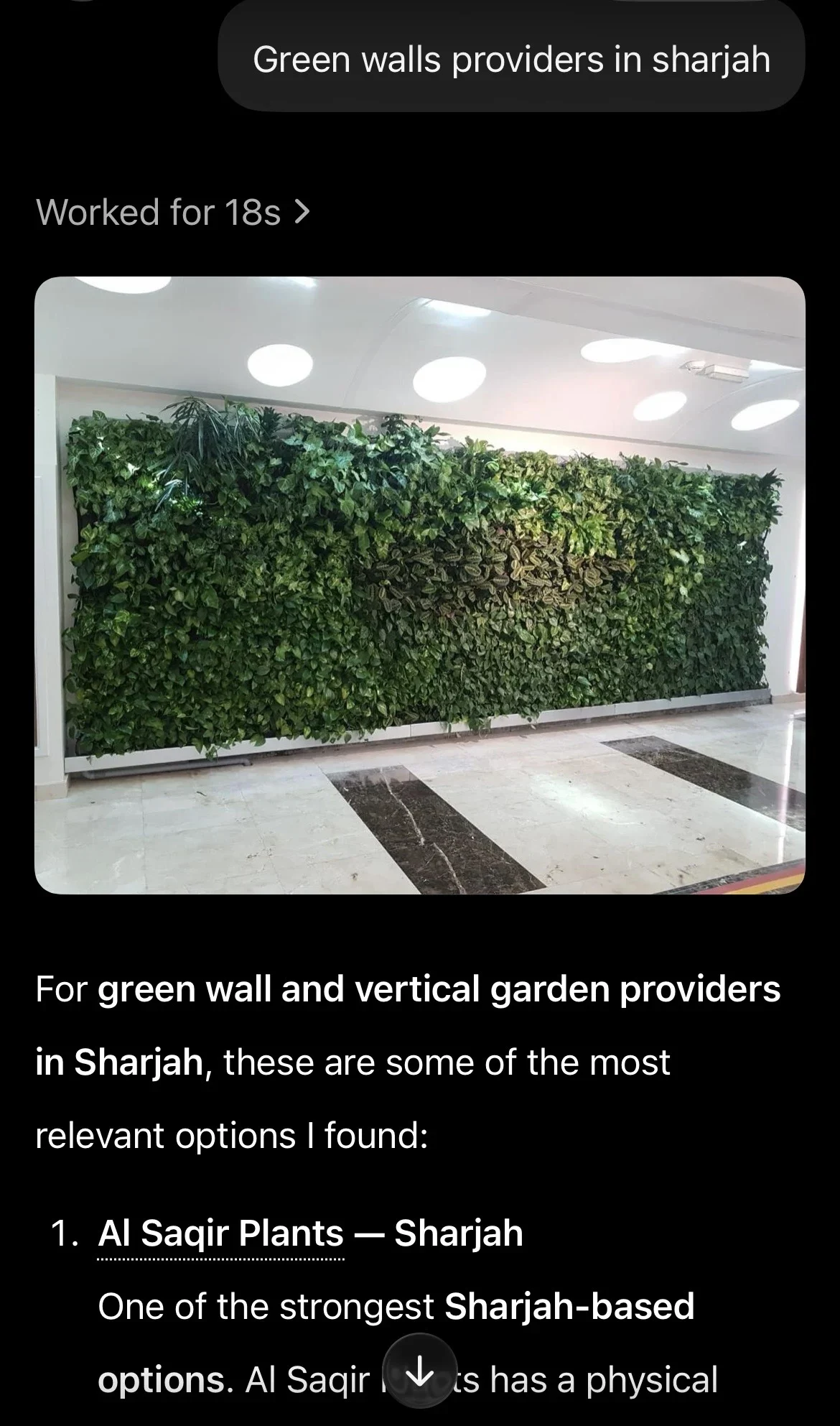 Green wall provider recommendation for Al Saqir Plants. Captured ChatGPT recommendation for green wall providers in Sharjah.