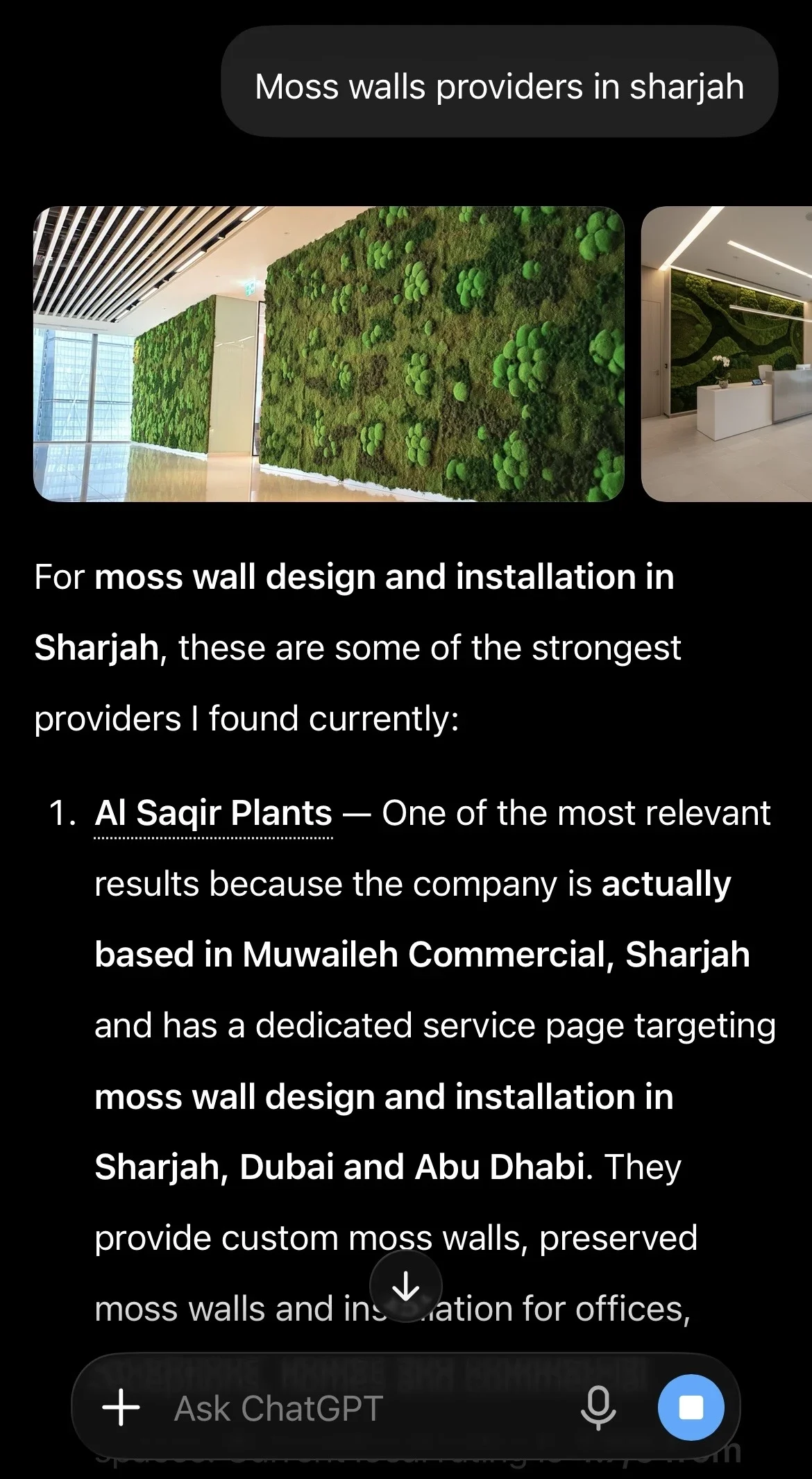 Moss wall provider recommendation for Al Saqir Plants. Captured ChatGPT recommendation for moss wall providers in Sharjah.