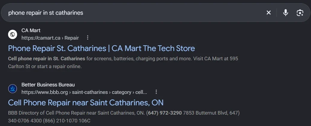 Google organic search result for CA Mart. Observed #1 organic result for “phone repair in st catharines”.