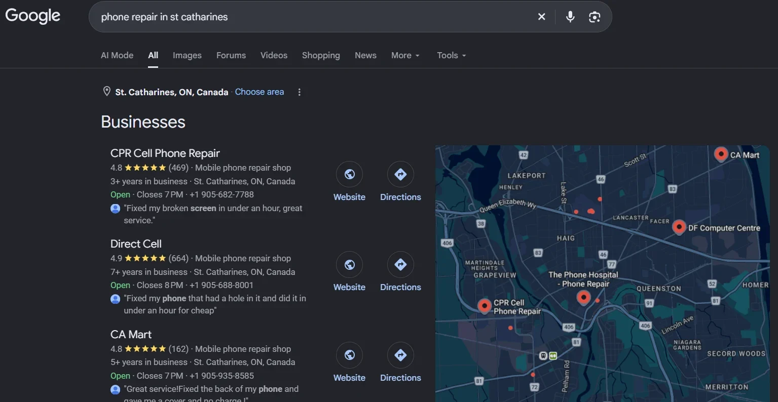 Google local pack for CA Mart. Observed top-three local pack placement for the same query.