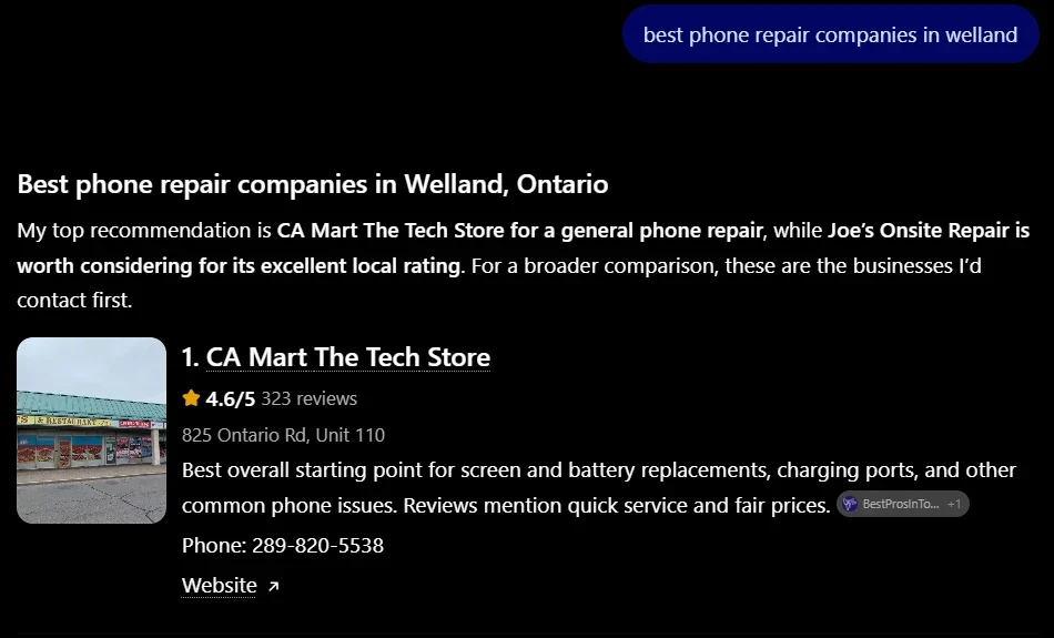ChatGPT top recommendation for CA Mart. Captured top recommendation for “best phone repair companies in welland”.