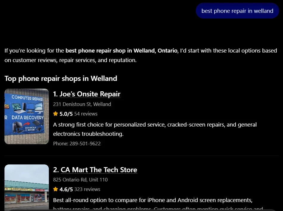 Another Welland AI query for CA Mart. Captured second-listed result for “best phone repair in welland”.